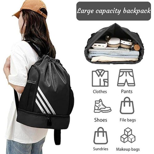 DRAWSTRING BACKPACK WATER RESISTANT STRING BAG GYM SPORTS WITH SHOE COMPARTMENT SIDE MESH POCKETS FO