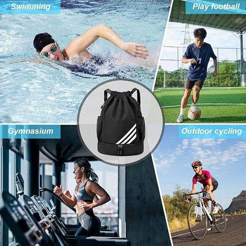 DRAWSTRING BACKPACK WATER RESISTANT STRING BAG GYM SPORTS WITH SHOE COMPARTMENT SIDE MESH POCKETS FO