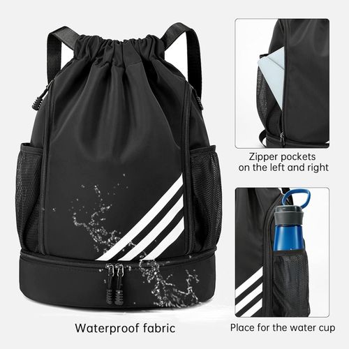 DRAWSTRING BACKPACK WATER RESISTANT STRING BAG GYM SPORTS WITH SHOE COMPARTMENT SIDE MESH POCKETS FO