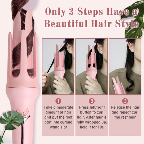 Curling Iron, Automatic Hair Curler 1.1 1.25, Temp Adjustable, Fast Heating Up, Anti-Stuck, Auto Shut-Off, Ceramic Tourmaline, Pink