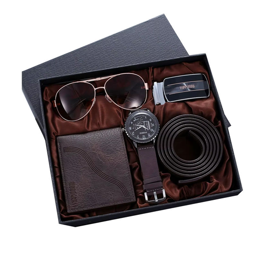 Elegant Men's Business Style Gift Set 1pc4pcs Quartz Watch Faux Leather Belt Fashion Glasses Faux Leather Wallet  Electronic Alloy Case Battery Powered Gift Box for Any Occasion