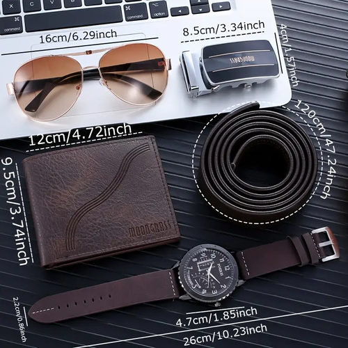Elegant Men's Business Style Gift Set 1pc4pcs Quartz Watch Faux Leather Belt Fashion Glasses Faux Leather Wallet  Electronic Alloy Case Battery Powered Gift Box for Any Occasion