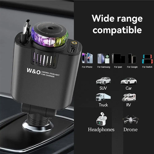 3-in-1 Retractable Car Charger 45W Fast Charging+Aromatherapy Diffuser+Starry Sky LED Lights Car Air Freshener Car Accessory