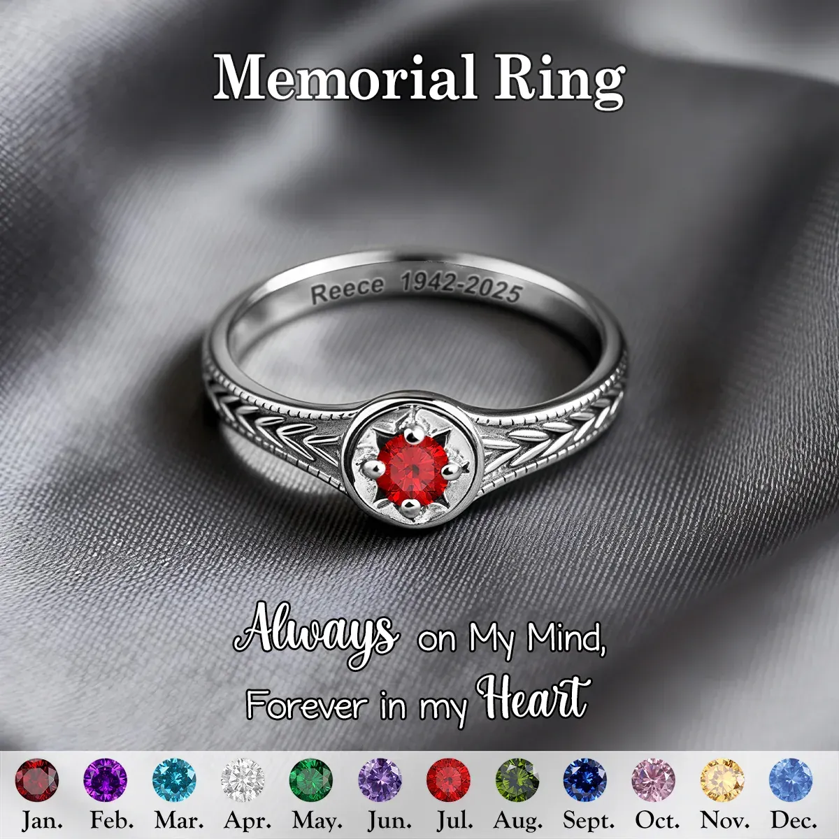 Personalized Birthstone Memorial Ring - Custom Engraved Name Date Forever in My Heart Remembrance Jewelry