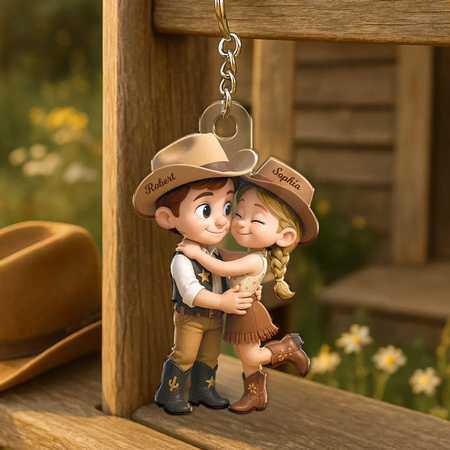 Personalized Cowboy & Cowgirl Couple Acrylic Keychain - Cute Cartoon Western Hugging Couple with Custom Names, Hair, Eyes & Skin Tone - Perfect Romantic Gift for Couples