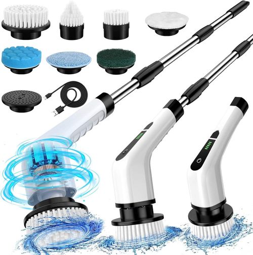 Electric Cleaning Brush Electric Rotating Floor Washer Wireless Electric Rotating Washer, with 9 Replaceable Brush Heads and Adjustable Extended Handle, 360 Cordless Cleaning Brush for Bathroom, Bathtub, Tiles, Floor, USB-C Charging Cable Rotating Cleaning Brush