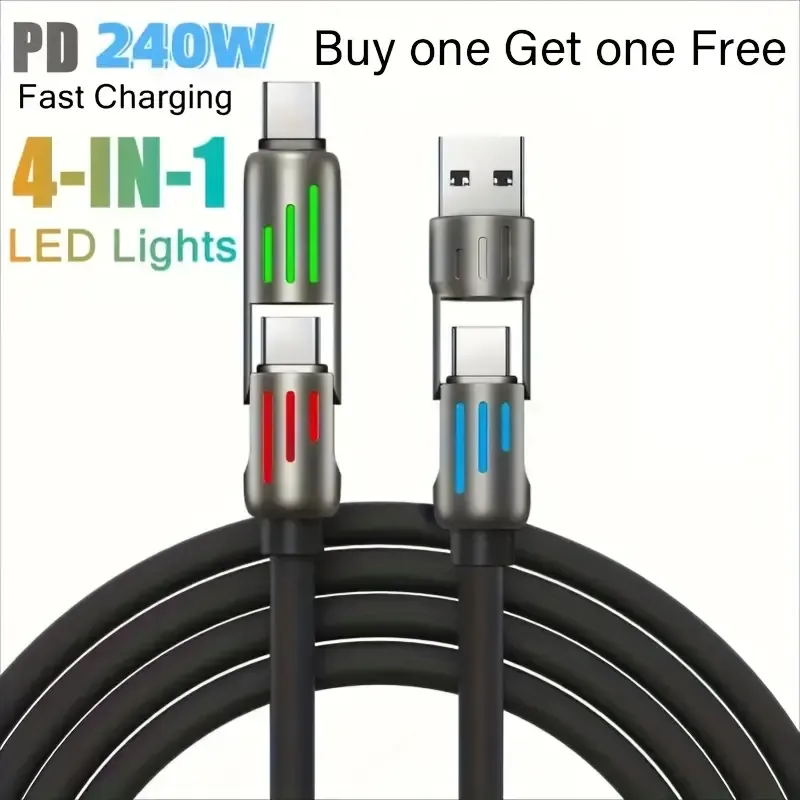 🔥HOT SALE🔥240W 4in 1 USB-C Data Cable - PD 5A Fast Charging And Data Sync, with USB A, TYPE-C, RGB Smart Breathing Light, Aluminum Alloy Design, Multi-Device Compatible Ultra-Soft Silicone Data Cable