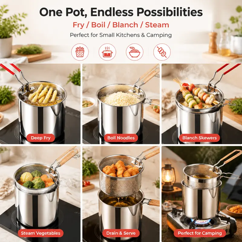 3Pcs Stainless Steel Small Compact Countertop Deep Fryer Set