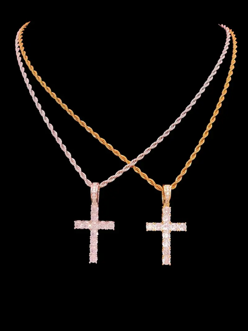 Zircon Inlaid Cross Charm Decor Pendant Necklace for Men & Women