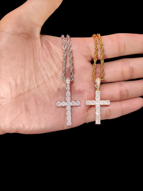 Zircon Inlaid Cross Charm Decor Pendant Necklace for Men & Women