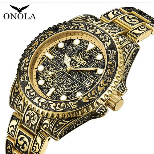 ONOLA 3830 44mm Automatic Mens Quartz Watches Gold Watch for Men Waterproof Luxury Arabic Wrist Watches