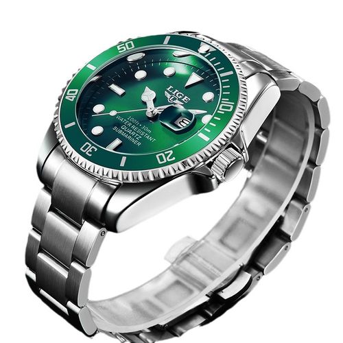2025 New Green Water Monster Water Ghost Watch, LIGE Lige, Best-selling Men's Quartz Three-Hand Watch, Waterproof Clock.