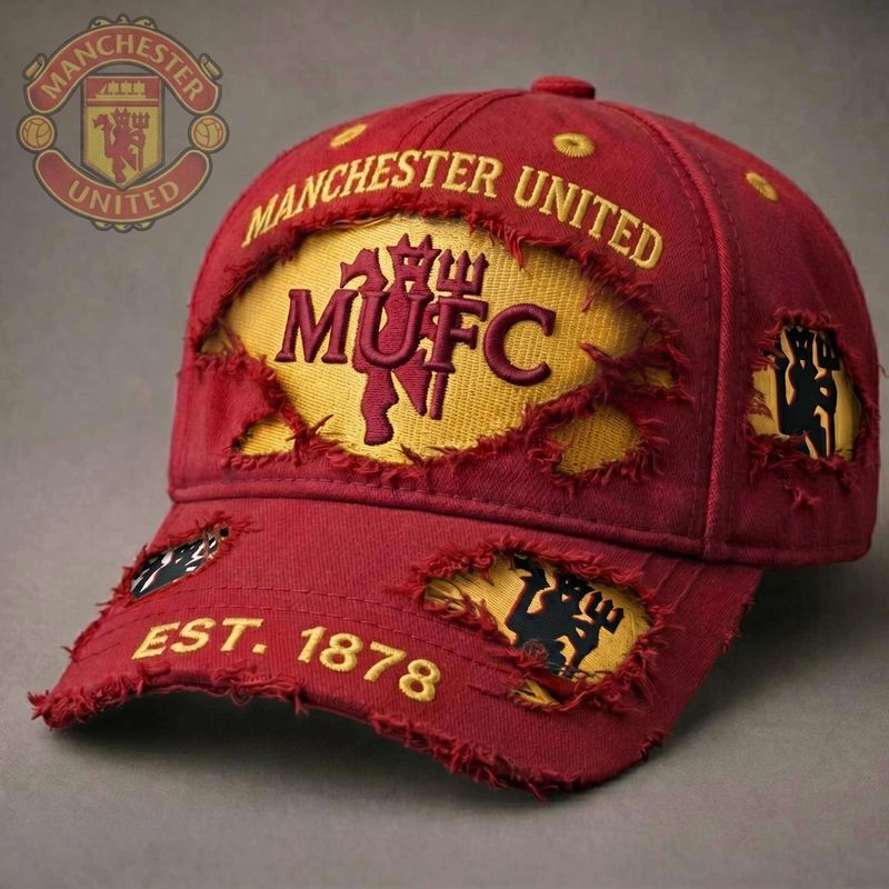 🔥🔥Manchester United Vintage Cap – Bestickte MUFCC Kappe mit Destroyed-Effekt für Fans