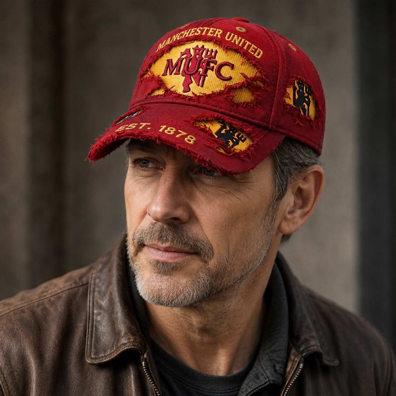 🔥🔥Manchester United Vintage Cap – Bestickte MUFCC Kappe mit Destroyed-Effekt für Fans