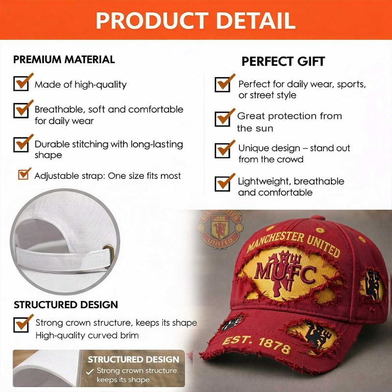 🔥🔥Manchester United Vintage Cap – Bestickte MUFCC Kappe mit Destroyed-Effekt für Fans