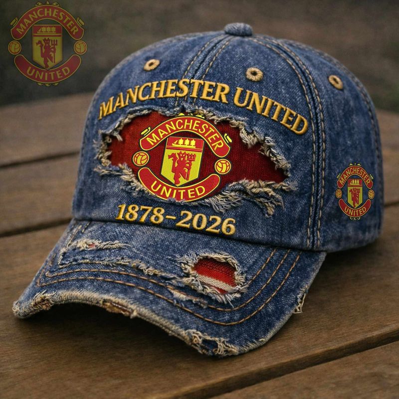 🔥🔥Manchester United Jeans Baseballkappe – Destroyed Denim Cap mit 1878-2026 Stickerei