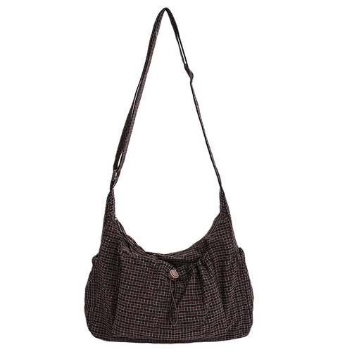 Brown Plaid Drawstring Hobo Bag, Large Capacity Casual Nylon Crossbody Shoulder Bag for Women