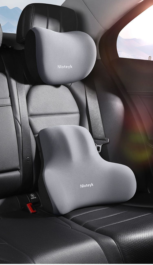 Ergonomic Memory Foam Headrest and Lumbar Support Pillow Set, 1 Headrest + 1 Lumbar Cushion, Premium Grey, Relieve Neck and Lower Back Pain for Car Office Home Sofa Complete 2‑piece set with adjustable fixing straps, removable and washable zipper cover, comfortable memory foam for long sitting and driving
