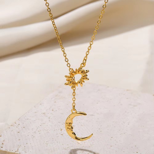 Gold Plated Sun Moon Y‑Shape Pendant Necklace, Trendy Adjustable Chain Necklace, Non‑Tarnish 。Elegant sun and moon design necklace. Smooth gold‑plated finish, comfortable to wear. Perfect for daily outfit, party occasions and as a nice gift for ladies.Fashion Jewelry for Women Daily Wear & Gift