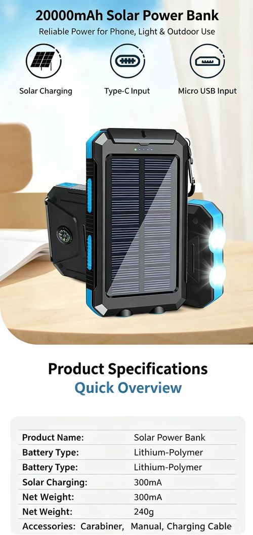 Portable Solar Power Bank, Dual Charging Ways Solar & USB Charging, Built‑in Bright LED Flashlight and Compass, Emergency Backup Power for Home, Travel and Outdoor Use, Perfect for Power Outages