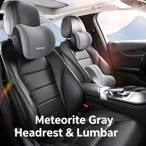 Ergonomic Memory Foam Headrest and Lumbar Support Pillow Set, 1 Headrest + 1 Lumbar Cushion, Premium Grey, Relieve Neck and Lower Back Pain for Car Office Home Sofa Complete 2‑piece set with adjustable fixing straps, removable and washable zipper cover, comfortable memory foam for long sitting and driving