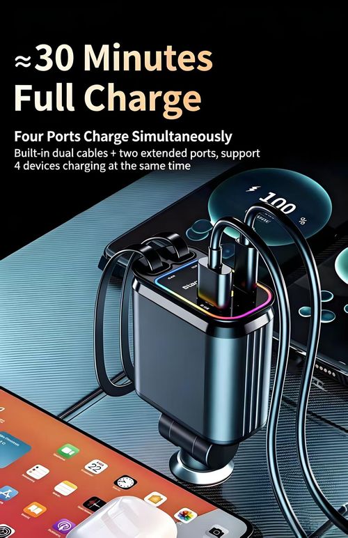 120W Super Fast Car Charger With Dual Retractable Cables 4‑Port Car Phone Charger 180 Degree Rotation Colorful Ambient Light Alloy Body For All Smartphones