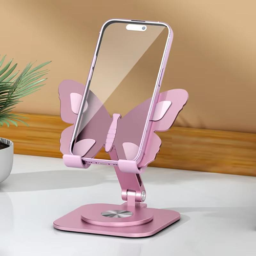 Cute Butterfly Foldable Cell Phone Stand, 360° Rotation Aluminum Alloy Desktop Phone Holder, Adjustable Portable Stand for Smartphone Tablet Video Calls & Streaming