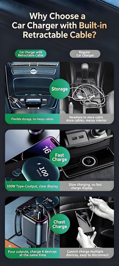 120W Super Fast Car Charger With Dual Retractable Cables 4‑Port Car Phone Charger 180 Degree Rotation Colorful Ambient Light Alloy Body For All Smartphones