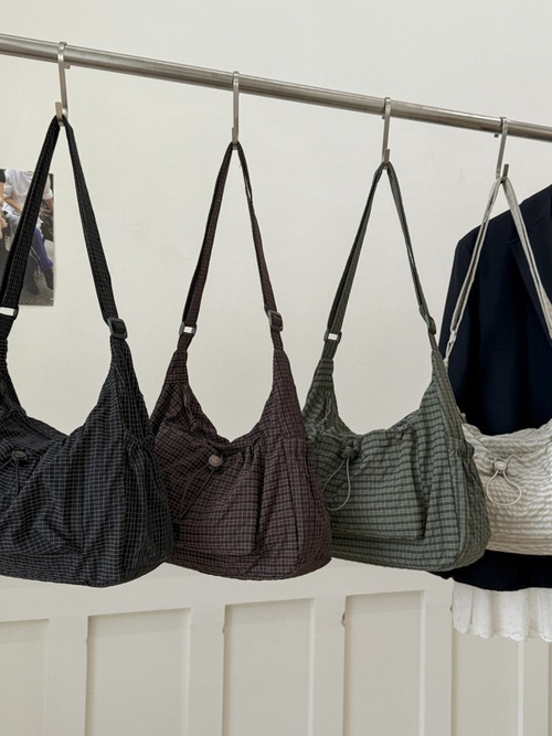 Brown Plaid Drawstring Hobo Bag, Large Capacity Casual Nylon Crossbody Shoulder Bag for Women