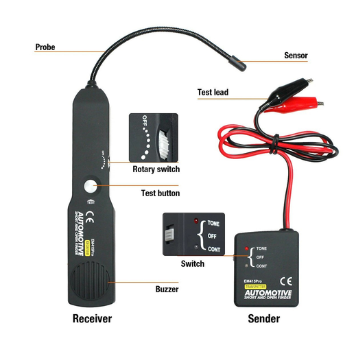 Automotive Short and Open Circuit Finder Tester EM415, Car Cable Wire Tracker Detector Tool, Comes With Storage Box And Oxford Carry Bag For Auto Repair Work              Professional car circuit fault detector, quickly locate short circuit and open circuit problems, portable design, equipped with storage box and oxford bag for easy storage and carrying for vehicle maintenance