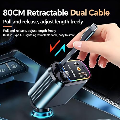 120W Super Fast Car Charger With Dual Retractable Cables 4‑Port Car Phone Charger 180 Degree Rotation Colorful Ambient Light Alloy Body For All Smartphones