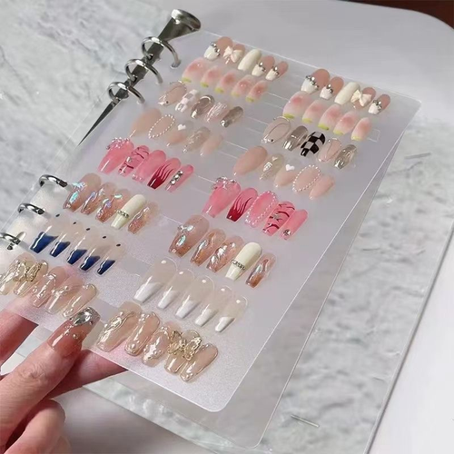 Transparent water ripple cover loose leaf nail storage album. Reusable metal ring binder easy to add or remove inner pages. Keep nail tips tidy and well displayed. Suitable for nail salon technicians and personal nail art lovers.