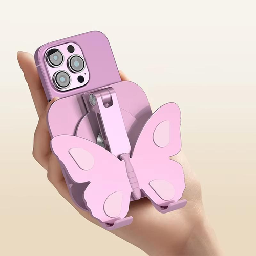 Cute Butterfly Foldable Cell Phone Stand, 360° Rotation Aluminum Alloy Desktop Phone Holder, Adjustable Portable Stand for Smartphone Tablet Video Calls & Streaming