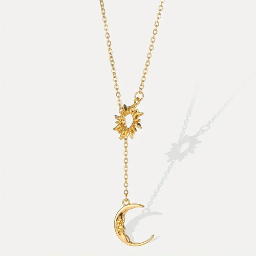Gold Plated Sun Moon Y‑Shape Pendant Necklace, Trendy Adjustable Chain Necklace, Non‑Tarnish 。Elegant sun and moon design necklace. Smooth gold‑plated finish, comfortable to wear. Perfect for daily outfit, party occasions and as a nice gift for ladies.Fashion Jewelry for Women Daily Wear & Gift