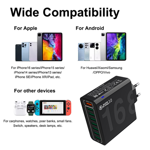 8 Port USB Wall Charger QC3.0 Fast Charging Adapter, Multi‑Device USB Charger Block With Multiple Safety Protection, Compatible For Phones Tablets And Various USB Devices Multi port fast charger with QC3.0 quick charge, overheat overcurrent short‑circuit protection, charge up to 8 devices at the same time for home office daily use
