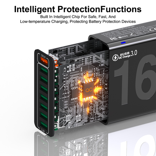 8 Port USB Wall Charger QC3.0 Fast Charging Adapter, Multi‑Device USB Charger Block With Multiple Safety Protection, Compatible For Phones Tablets And Various USB Devices Multi port fast charger with QC3.0 quick charge, overheat overcurrent short‑circuit protection, charge up to 8 devices at the same time for home office daily use