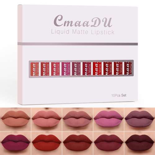 10Pcs Matte Liquid Lip Gloss Set, Velvet Smudge‑Proof Long Wear Lip Makeup Gift Set