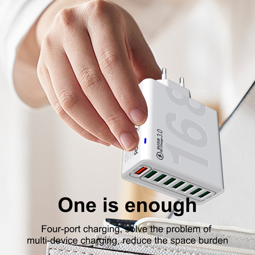 8 Port USB Wall Charger QC3.0 Fast Charging Adapter, Multi‑Device USB Charger Block With Multiple Safety Protection, Compatible For Phones Tablets And Various USB Devices Multi port fast charger with QC3.0 quick charge, overheat overcurrent short‑circuit protection, charge up to 8 devices at the same time for home office daily use