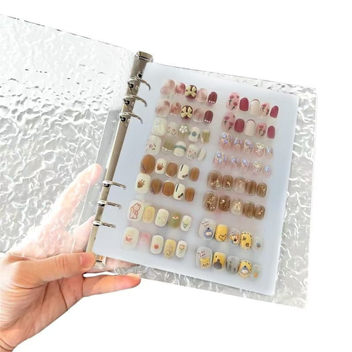 Transparent water ripple cover loose leaf nail storage album. Reusable metal ring binder easy to add or remove inner pages. Keep nail tips tidy and well displayed. Suitable for nail salon technicians and personal nail art lovers.