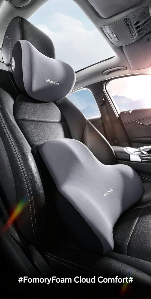 Ergonomic Memory Foam Headrest and Lumbar Support Pillow Set, 1 Headrest + 1 Lumbar Cushion, Premium Grey, Relieve Neck and Lower Back Pain for Car Office Home Sofa Complete 2‑piece set with adjustable fixing straps, removable and washable zipper cover, comfortable memory foam for long sitting and driving