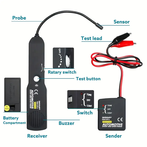Automotive Short and Open Circuit Finder Tester EM415, Car Cable Wire Tracker Detector Tool, Comes With Storage Box And Oxford Carry Bag For Auto Repair Work              Professional car circuit fault detector, quickly locate short circuit and open circuit problems, portable design, equipped with storage box and oxford bag for easy storage and carrying for vehicle maintenance