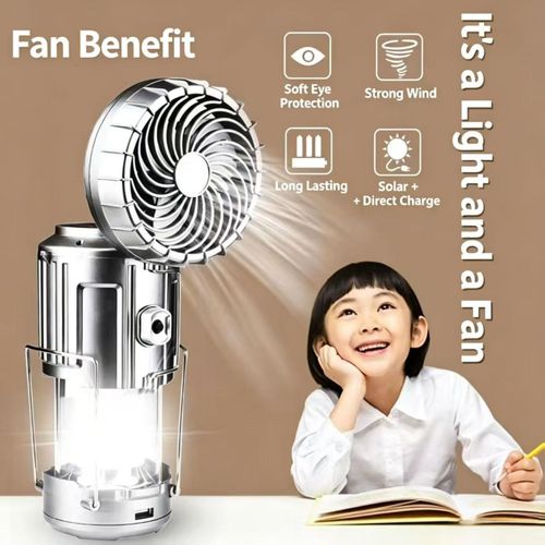 Multifunctional Portable Solar Lantern Fan Solar Rechargeable Emergency Light With Strong Cooling Fan Built In Power Bank For Phone Charging Bright Multi‑Core LED Lamp Hanging Handheld Design Perfect For Home Power Outage Camping Outdoor Daily Use