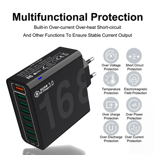 8 Port USB Wall Charger QC3.0 Fast Charging Adapter, Multi‑Device USB Charger Block With Multiple Safety Protection, Compatible For Phones Tablets And Various USB Devices Multi port fast charger with QC3.0 quick charge, overheat overcurrent short‑circuit protection, charge up to 8 devices at the same time for home office daily use