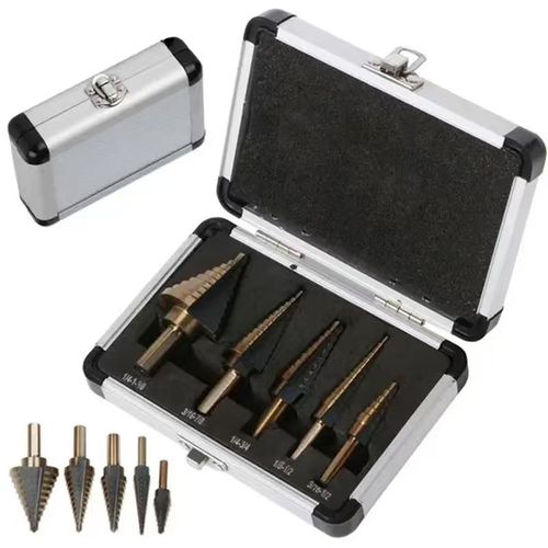 5Pcs Step Drill Bit Set, High Speed Steel Titanium Coated Cone Drill Bits, Multiple Hole Size Unibit Step Drilling Tool with Storage Case for Metal Wood Plastic Drilling Work