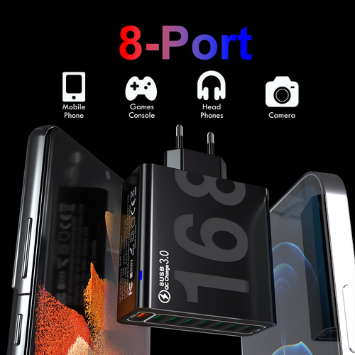 8 Port USB Wall Charger QC3.0 Fast Charging Adapter, Multi‑Device USB Charger Block With Multiple Safety Protection, Compatible For Phones Tablets And Various USB Devices Multi port fast charger with QC3.0 quick charge, overheat overcurrent short‑circuit protection, charge up to 8 devices at the same time for home office daily use