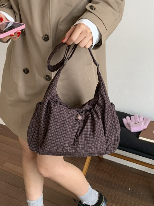 Brown Plaid Drawstring Hobo Bag, Large Capacity Casual Nylon Crossbody Shoulder Bag for Women