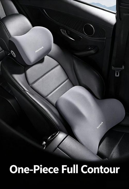 Ergonomic Memory Foam Headrest and Lumbar Support Pillow Set, 1 Headrest + 1 Lumbar Cushion, Premium Grey, Relieve Neck and Lower Back Pain for Car Office Home Sofa Complete 2‑piece set with adjustable fixing straps, removable and washable zipper cover, comfortable memory foam for long sitting and driving