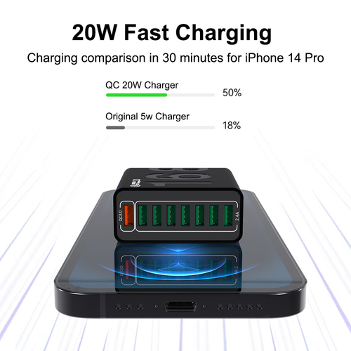 8 Port USB Wall Charger QC3.0 Fast Charging Adapter, Multi‑Device USB Charger Block With Multiple Safety Protection, Compatible For Phones Tablets And Various USB Devices Multi port fast charger with QC3.0 quick charge, overheat overcurrent short‑circuit protection, charge up to 8 devices at the same time for home office daily use
