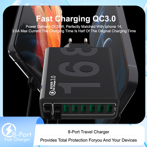 8 Port USB Wall Charger QC3.0 Fast Charging Adapter, Multi‑Device USB Charger Block With Multiple Safety Protection, Compatible For Phones Tablets And Various USB Devices Multi port fast charger with QC3.0 quick charge, overheat overcurrent short‑circuit protection, charge up to 8 devices at the same time for home office daily use