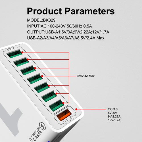 8 Port USB Wall Charger QC3.0 Fast Charging Adapter, Multi‑Device USB Charger Block With Multiple Safety Protection, Compatible For Phones Tablets And Various USB Devices Multi port fast charger with QC3.0 quick charge, overheat overcurrent short‑circuit protection, charge up to 8 devices at the same time for home office daily use